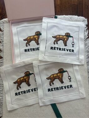 Embroidered Golden Retriever Cotton Napkins - White, Set of 4.  6” squares